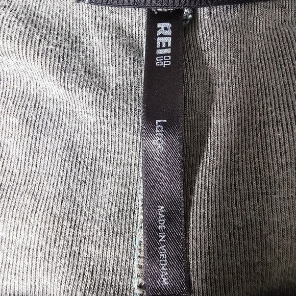 REI Hoodie Zip Up Sweatshirt Heathered Green with Black Trim Drawstring Hood Lg - Picture 8 of 11